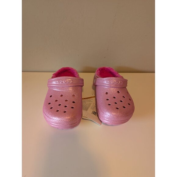 NEW Pink Glitter Crocs Kids Fuzzy Lined Classic Clogs Size J1 - Picture 2 of 9